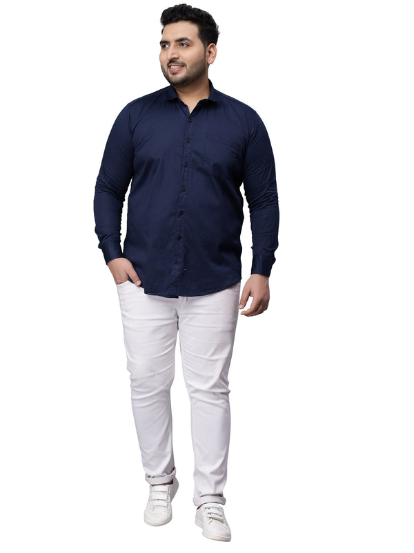 Navy Blue Solid Cotton Plus Size Shirt