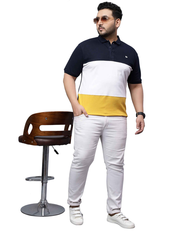 Yellow Triple Striped Plus Size Polo T-shirt-3XL