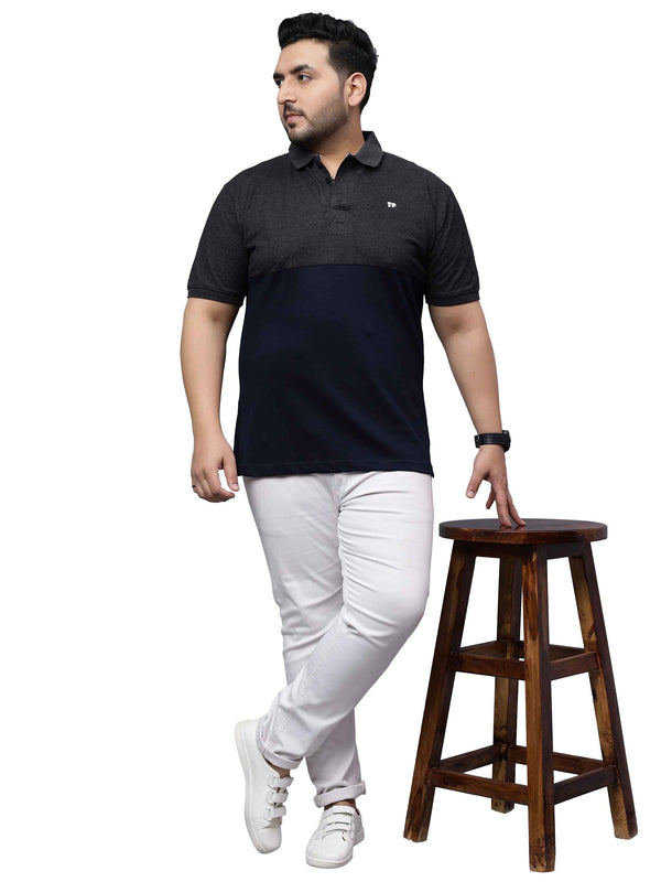 Grey Melange and Navy Striped Plus Size Polo T-shirt