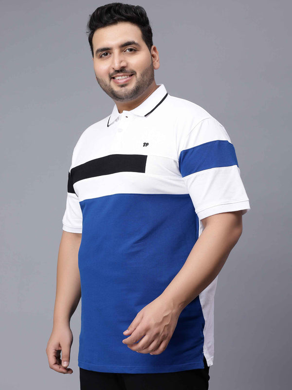 White with Royal Blue Striped Plus Size Polo T-shirt