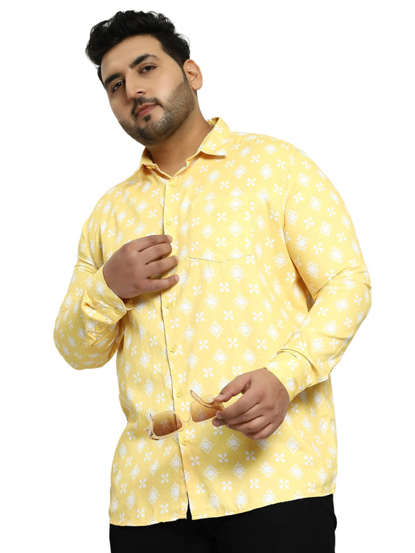 Yellow Digital Floral Print Satin Cotton Shirt