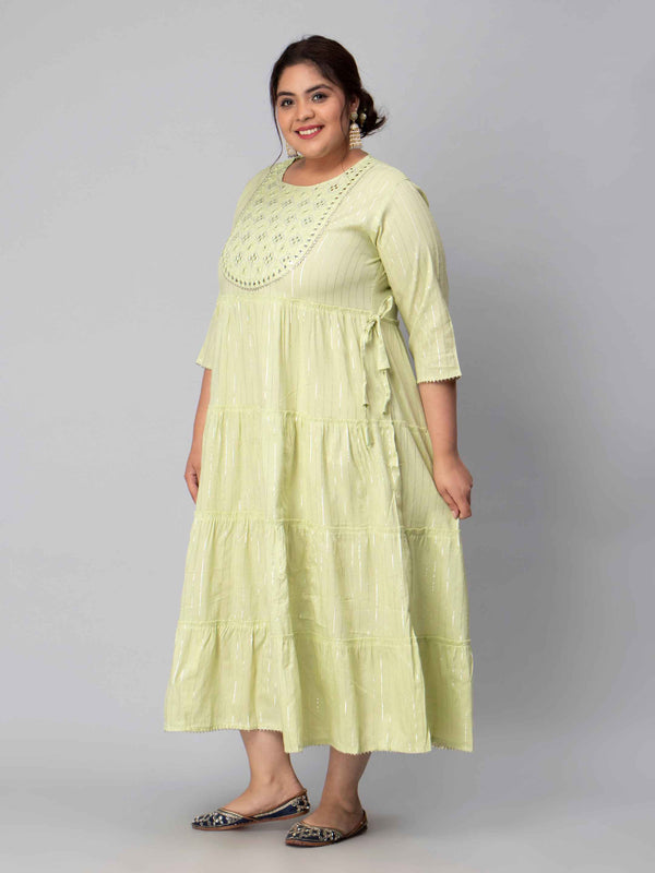 Mint Green Silver Stripped Gota Patti Plus Size Kurti Dress