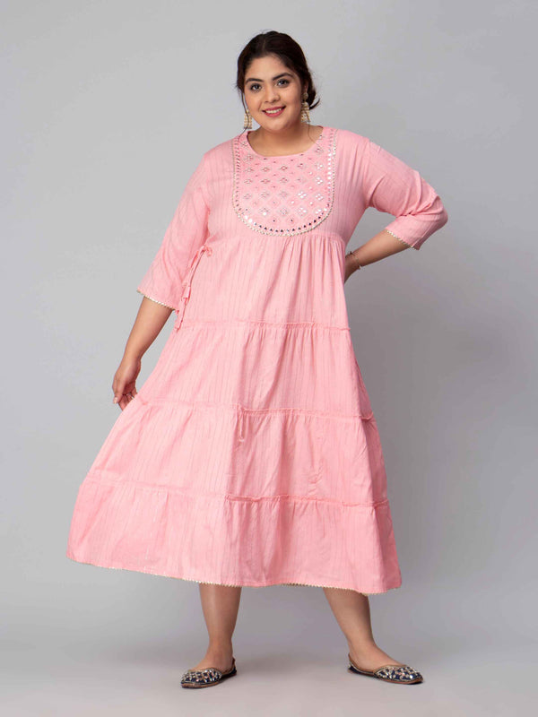 Pink Silver Stripped Gota Patti Plus Size Kurti Dress