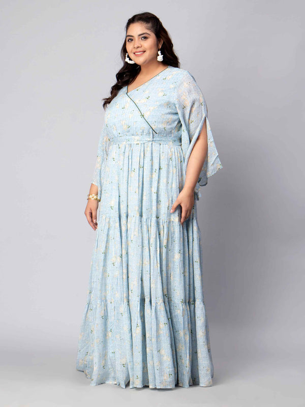 Ice Blue Floral Printed Plus Size Dress