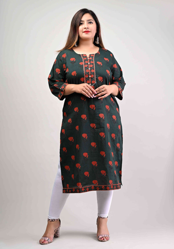 Forest Green Printed Plus Size Kurti